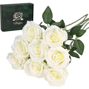 Waipfaru 8 Pcs Fake White Roses Artificial Flowers Bulk, Real Touch Silk Faux Roses with Long Stems for Wedding Bouquet Vase Flower Arrangement Table Centerpieces Home Decor (White)