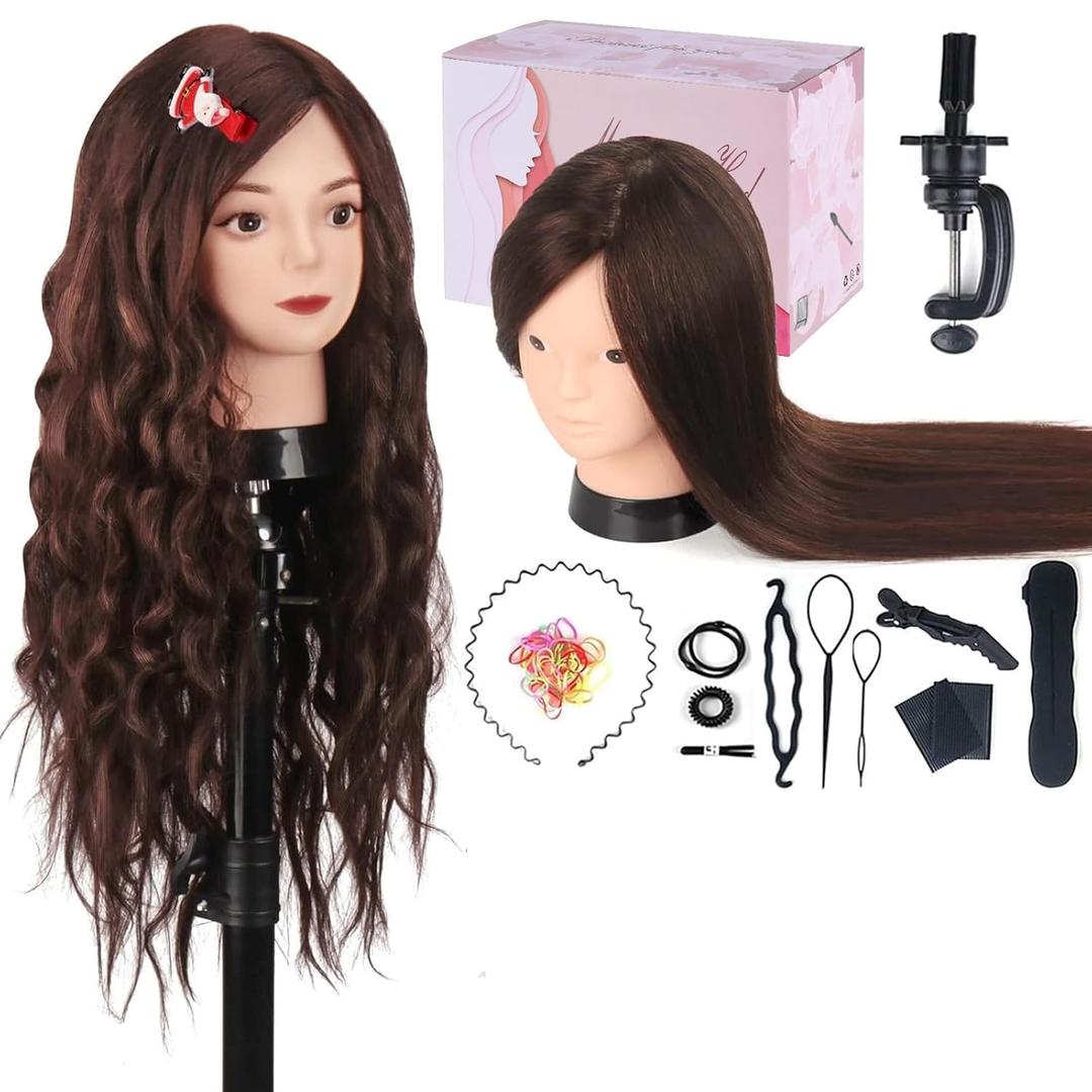 Mannequin Head Human Hair, Beauty Star Doll Head for Practice Hair Styling, 80% Real Hair Cosmetology Makeup Hairdressing Training Manicanequin Head with Clamp Stand + DIY Braiding Set (Dark Brown)