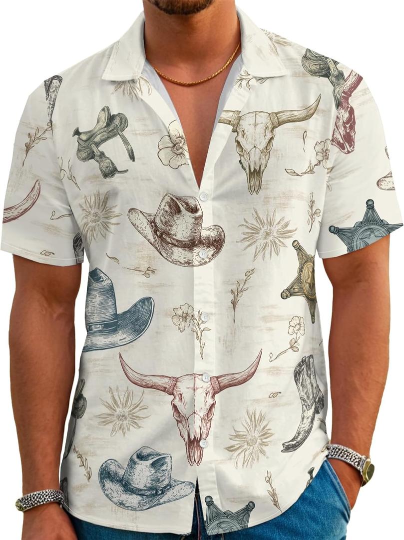 Funny Hawaiian Shirts for Men Retro Button Down Short Sleeve Summer Beach Aloha Shirts Holiday Theme Party Shirt (Large, Cowboy)