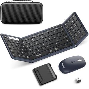 Foldable Keyboard and Mouse, Samsers Folding Bluetooth Keyboard Combo, 2.4G + BT5.0 x 2, Full-Size Portable Travel Keyboard & Rechargeable Wireless Mouse for Windows Android iOS Mac OS, Midnight