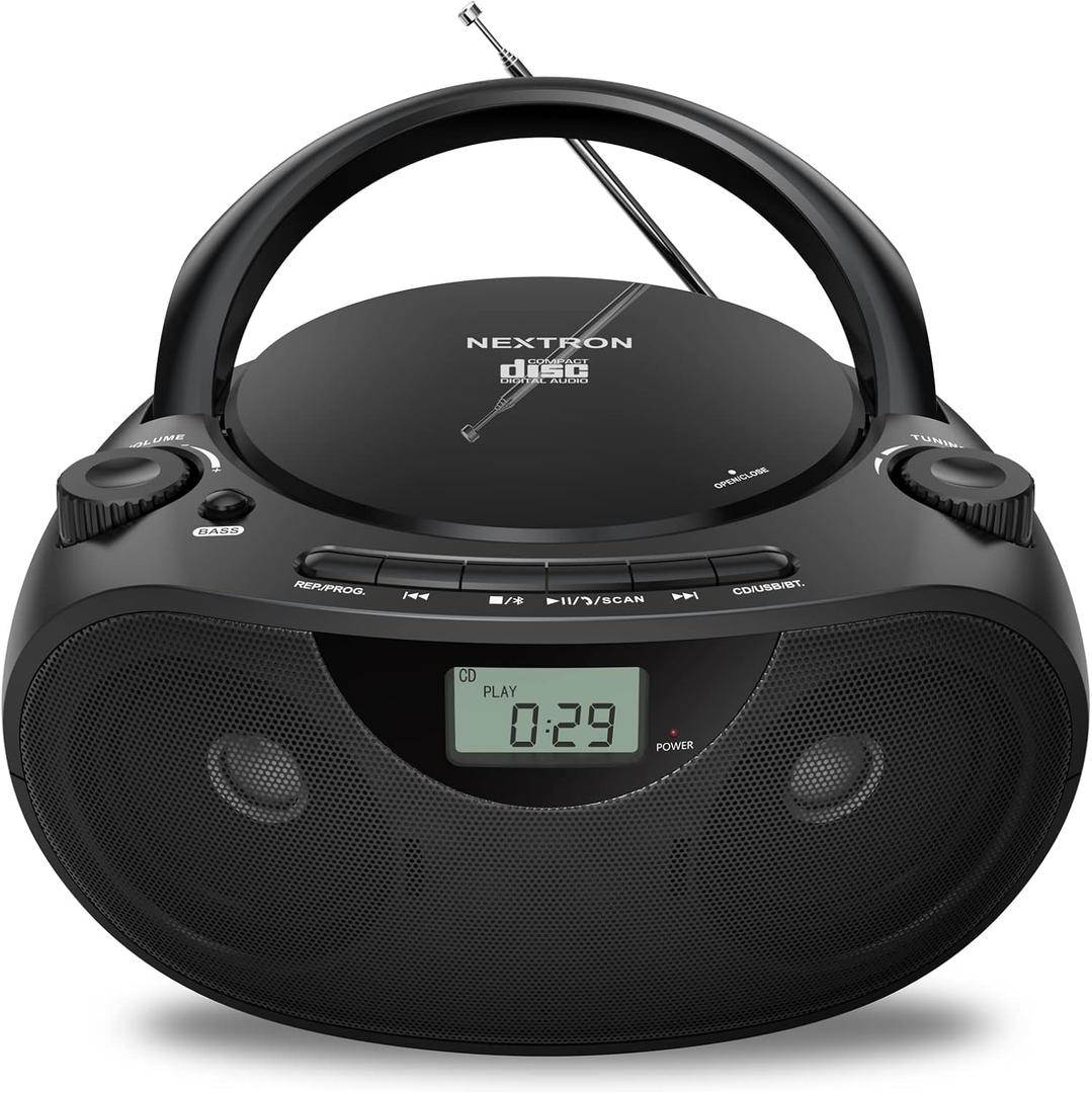 Portable CD Player Bluetooth Boombox with AM/FM Radio, USB, AUX-in, Headphone Jack, CD-R/RW & MP3-CD Compatible, Stereo Sound with Bass Boost, AC/Battery Operated  Black