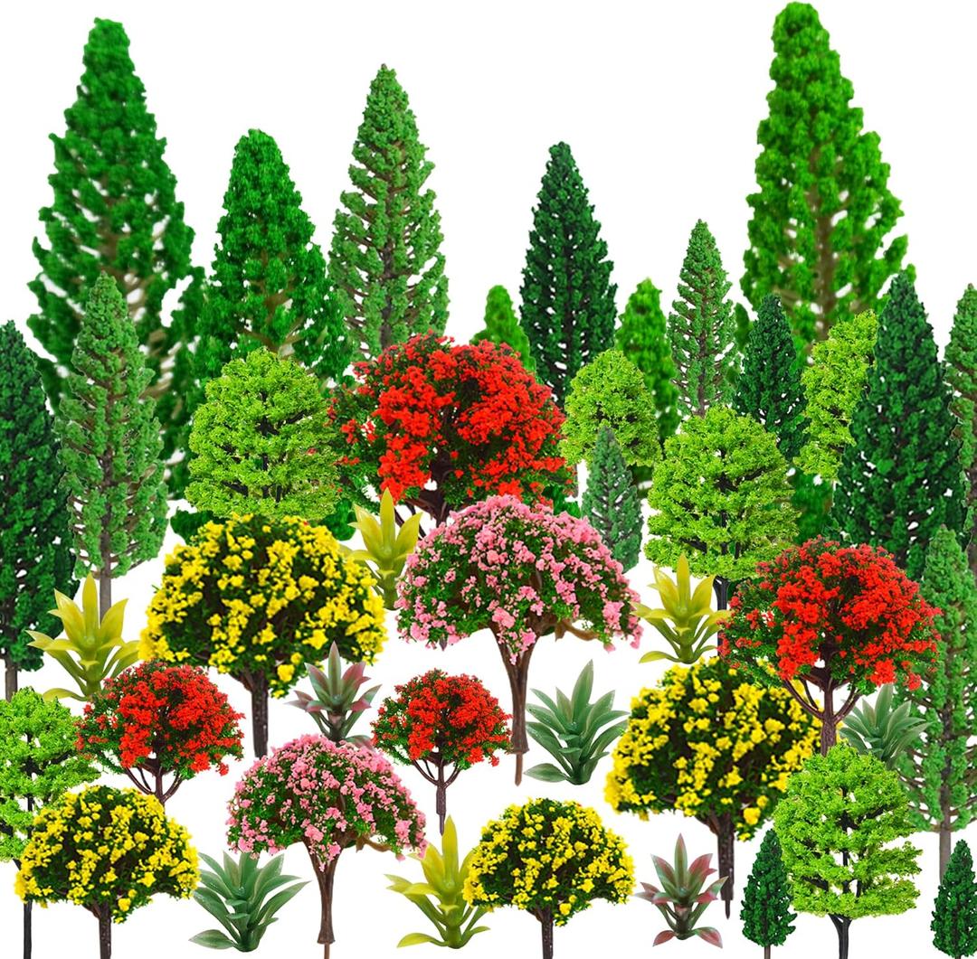 MOMOONNON 32pcs Model Trees 1.1-5.1inch Mixed Diorama Model Tree Colourful Flower Trees Grass Architecture Mini Trees for Crafts Building Model Railway Scenery Landscape Supplies (Style 01)
