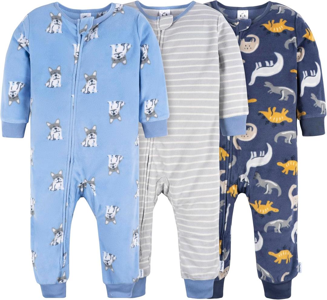 Gerber Toddler Boys' Fleece Footless Pajamas 3-pack, Dogs/ Dinos, 3T