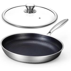 Non Stick Frying Pans, Hybrid 12 Inch Frying Pans Nonstick with Lid, Stainless Steel Skillets Chef Cookware, PFOA Free, Works on Induction,Ceramic,Gas Cooktops and Ovens