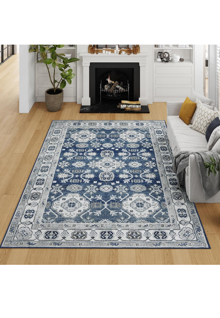 VK VK·LIVING Machine Washable Rug 5'x7' Vintage Design Washable Area Rugs with Non Slip Rugs for Living Room Bedroom Traditional Woven Rug Carpet Stain Resistant Home Decor Office Boho Rug (Navy)