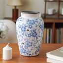 Decorative 10 inch Ceramic Flower Vase, Blue and White Floral Pattern, Crackle Glaze Finish