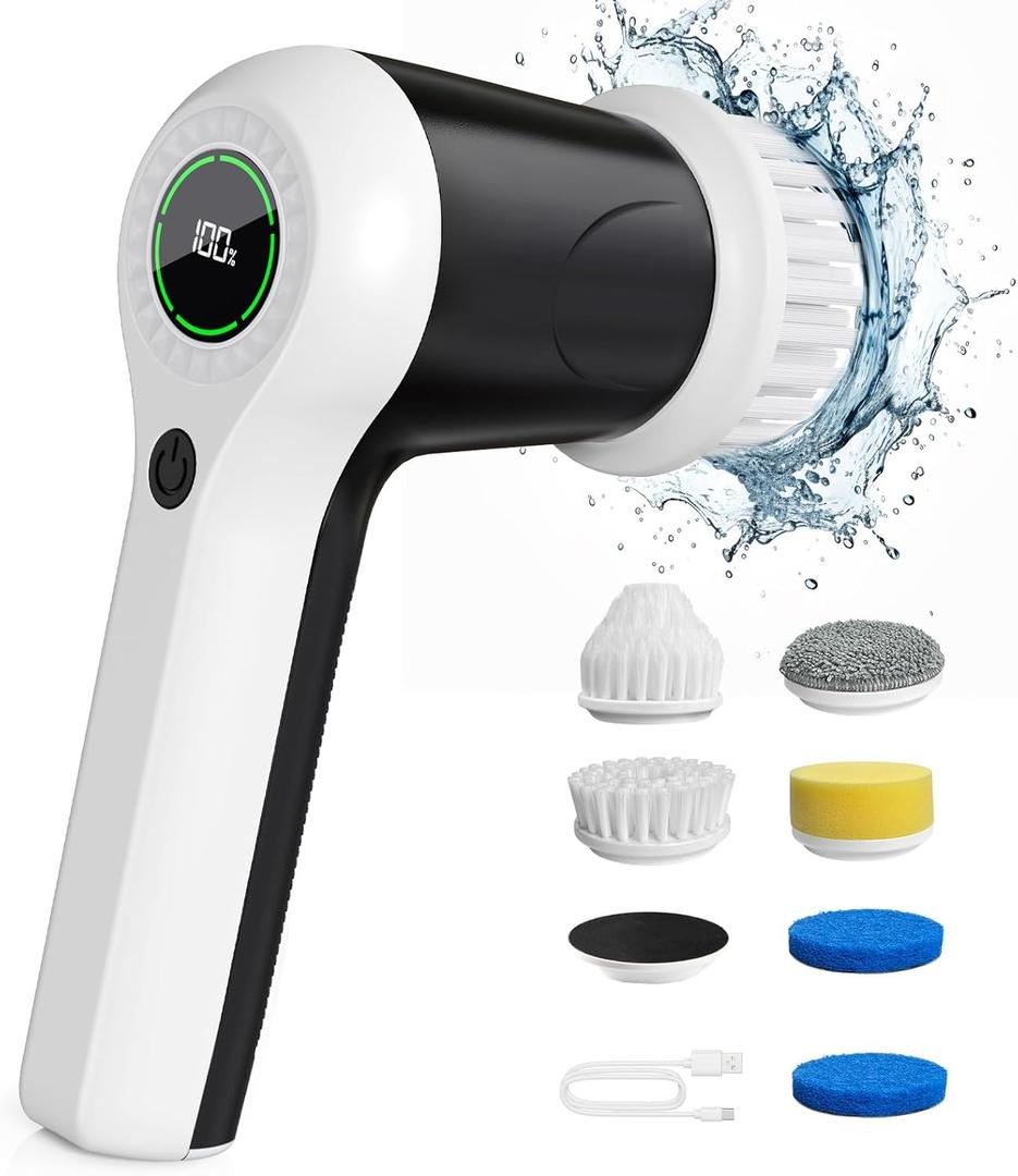 PUFTEM Electric Spin Scrubber, Cordless Shower Scrubber with Battery Level Display, 2 Speeds Electric Scrubber for Cleaning with 6 Replaceable Heads, Cleaning Brush for Bathroom/Sink/Window (White)