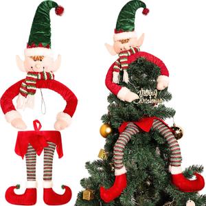 Sratte Christmas Tree Elf Legs Plush Hanging Elf Head Christmas Tree Leg Trees Topper Red Green Hats Ornaments for Holiday Indoor Outdoor Decor Home Fireplace Car Decoration