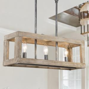Wood Chandelier, 3 Light Farmhouse Chandelier Light Fixtures, Rectangle Island Lighting for Kitchen Dining Room