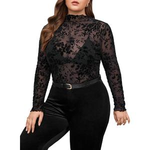 WDIRARA Women's Plus Size Floral Jacquard See Through Mesh Top Lace Mock Neck Long Sleeve Shirts (Black, XXXL)