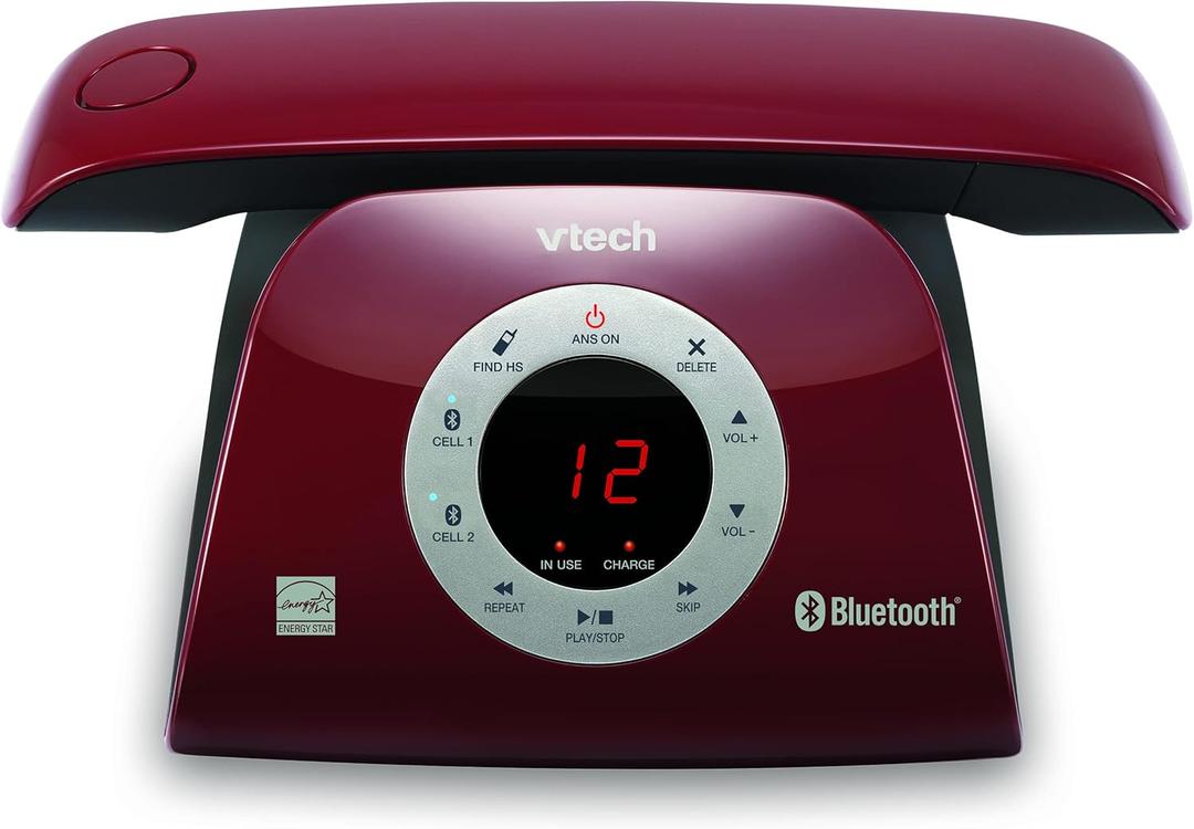 VTECH VS122-16 Retro-Design Cordless Phone: Bluetooth Connect to Cell, Call Blocker, Answering System, Full-Duplex Speakerphone (Red)