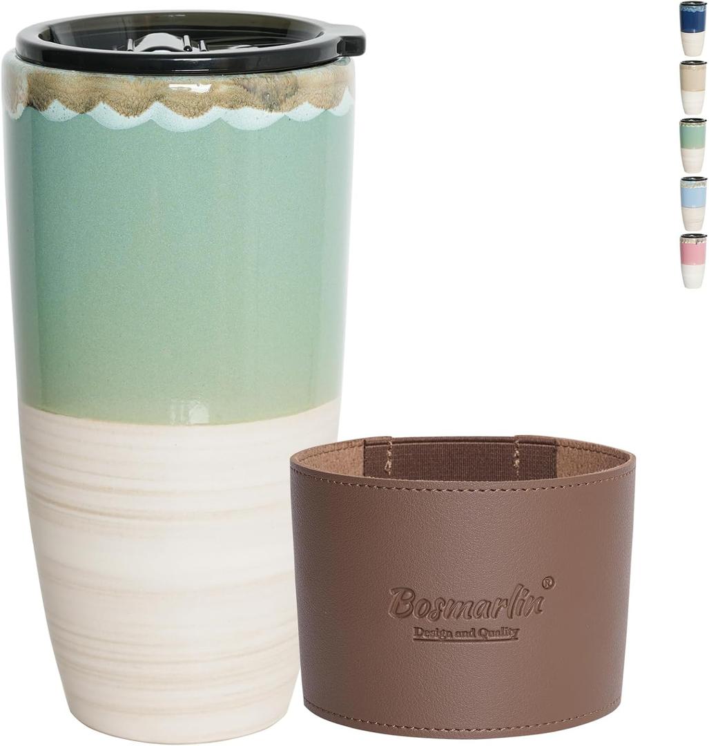 Bosmarlin Ceramic Travel Coffee Cup with Lid, 21 oz, Portable Coffee Mug for Car Cup Holder, Microwave and Dishwasher Safe, Reactive Glaze (Green)
