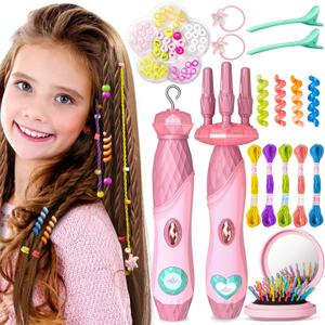 Geyiie DIY Hair Tools for Girls, Salon Makeup Set with Twist Hair Designer, Rope Braiding Machine, Hair Clips , Little Girls Makeup Vanity Set Toys, Birthday Party Favor Gift Toys 5-12