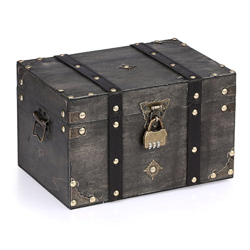 Wooden Treasure Chest with Lock, Vintage Pirate Chest Keepsakes Box for Kids Gifts, Handmade Treasure Storage Decorative Box for Jewelry Coins Collectibles, Large