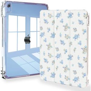 Feams Case for iPad (A16) 11th Generation 11 Inch 2025, iPad 10th Generation 10.9 Inch 2022, Slim iPad A16 Case Clear Back Cover with Pencil Holder & Auto Sleep, Blue Blossom