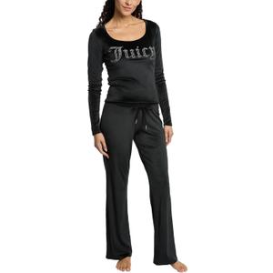 Juicy Couture Women's 2 Piece Velvet Fleece Long Sleeve Scoop Neck Fitted Top and Pants Lounge Sleepwear Set (X-Large, Black)