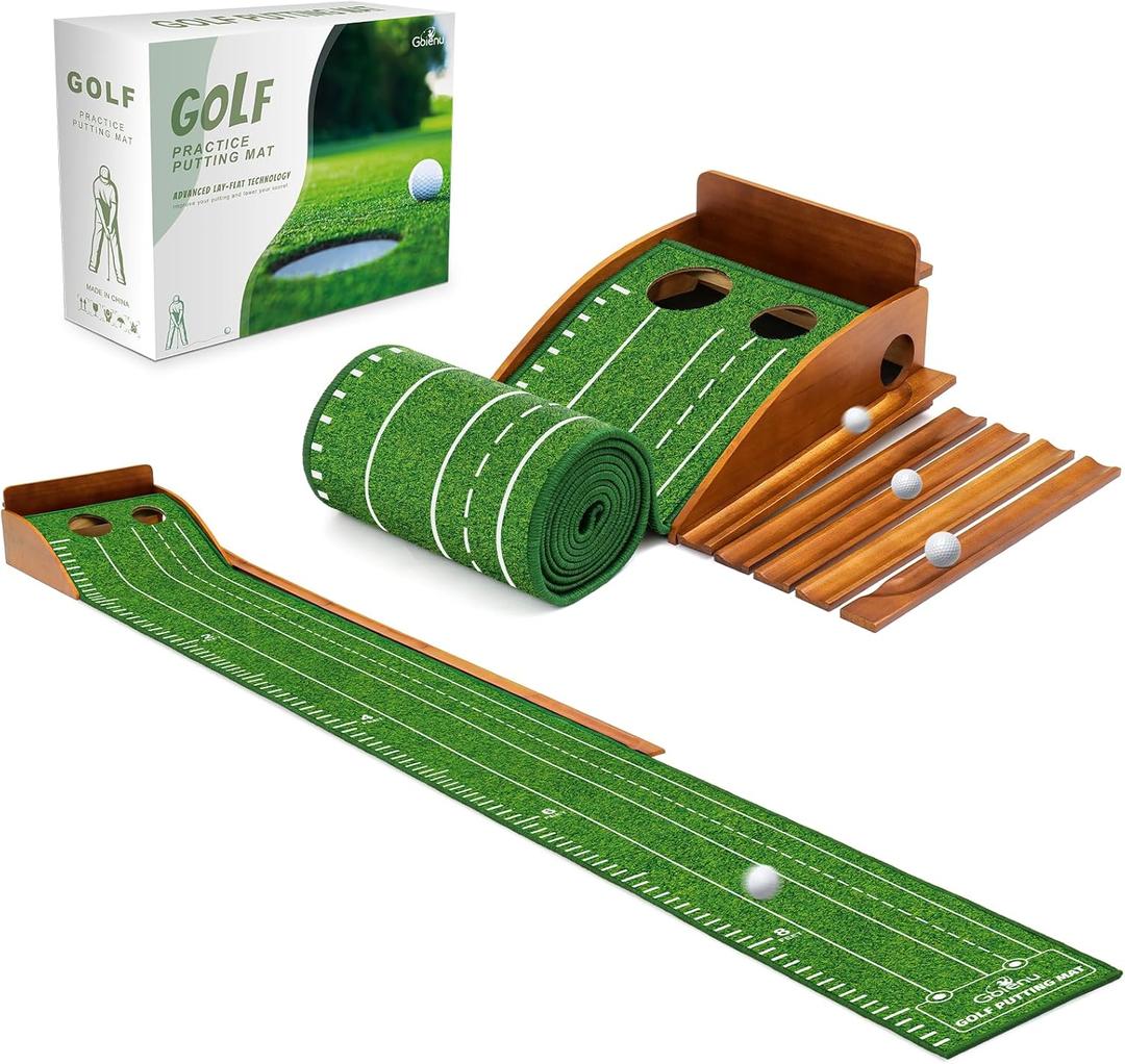 Putting Green Indoor Outdoor Mat: Golf Putting Mat with Durable Solid Wooden Base & Auto Ball Return, Luxurious Velvet Surface with Lay-Flat Technology - Christmas Ideal Gifts for Men/Dad (Standard)
