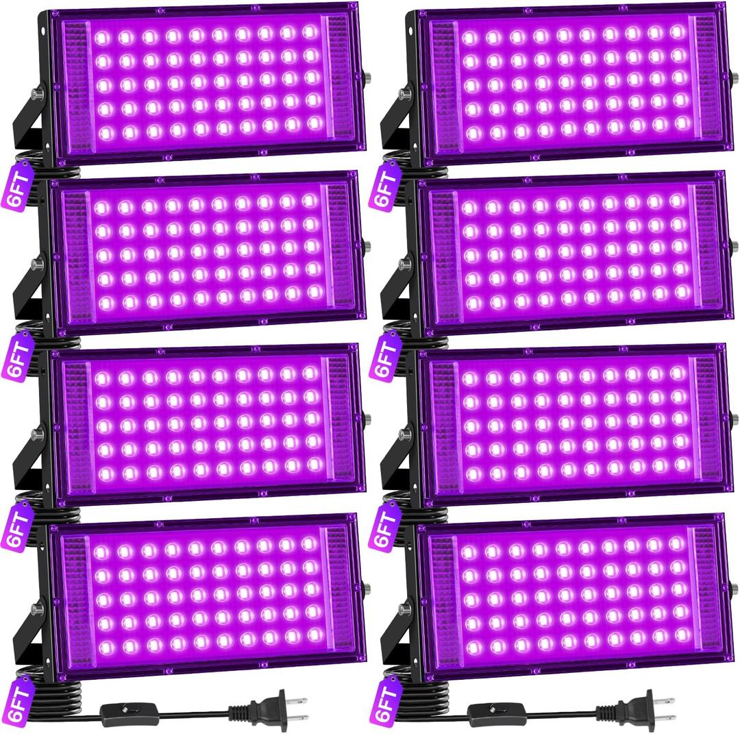 50W LED Black Light IP66 Waterproof 8 Pack, Outdoor Blacklight Flood Light with Switch+6FT Cord, Blacklight Spotlight for Neon Glow in The Dark Party Body Paint Fluorescent Poster Classroom Halloween
