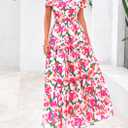 PRETTYGARDEN Women's 2026 Summer Boho Maxi Dresses Floral Short Sleeve V Neck A Line Tiered Flowy Long Beach Vacation Dress (Pink, XXL)