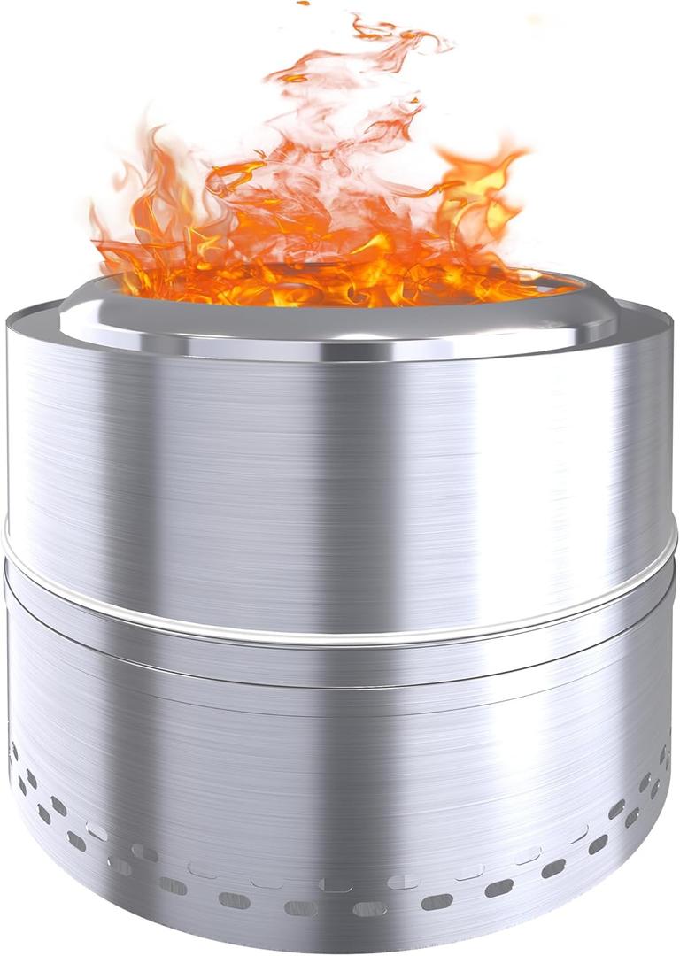 20'' Smokeless Firepit,304 Stainless Steel Outdoor fire Pit,Smokeless Fire Pits for Outside with Carry Bag for Camping Backyard, Fire Pit Wood Burning Stove (Solid, Silver)