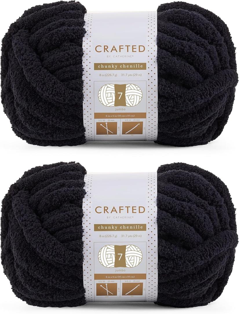 Crafted By Catherine Chunky Chenille Yarn - 2 Pack (8 oz / 227 g, 31.7 Yards Each Skein), Black, Gauge 7 Jumbo