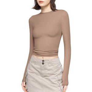 PUMIEY Women's Long Sleeve T Shirts Crew Neck Slim Fit Tops Sexy Basic Tee Smoke Cloud Pro Collection S