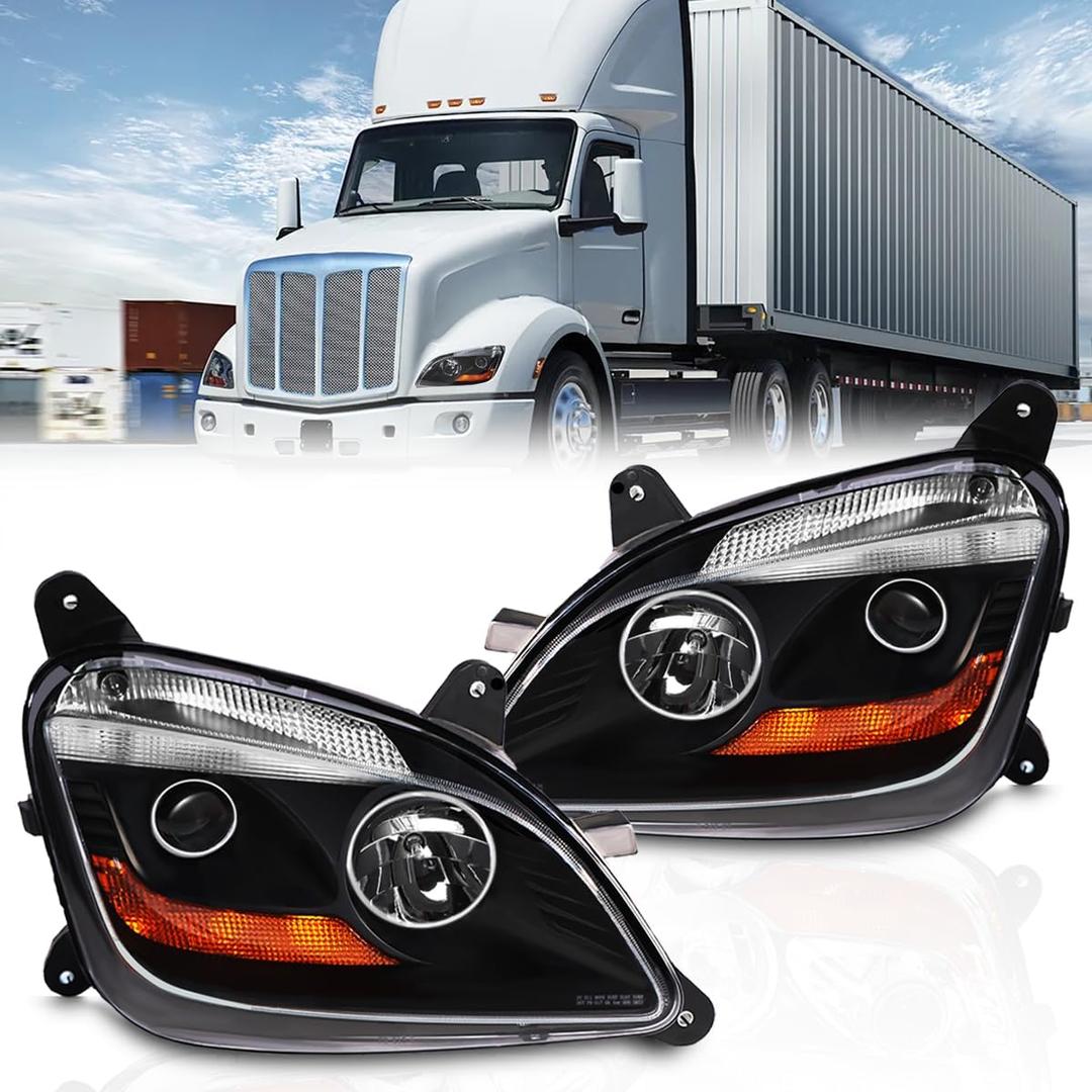Fit for 2011-2023 Peterbilt 579 587 Class 8 Truck Projector Headlight Headlamp Black Housing Assembly Replacement Pair/Set