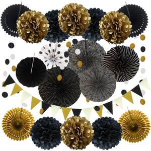 ZERODECO Party Decoration, 21 Pcs Black and Gold Hanging Paper Fans, Pom Poms Flowers, Garlands String Polka Dot and Triangle Bunting Flags for Birthday Parties Wedding Dcor, Table & Wall Decorations