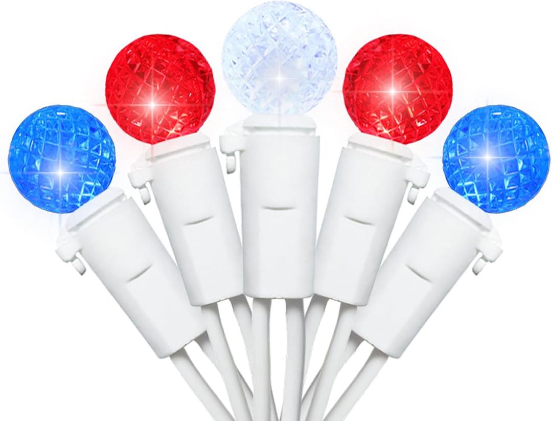 18.6Ft 50 LED Red White and Blue Mini Globe String Lights G12 Ball Christmas Tree Lights for Indoor/Outdoor Memorial Independence Day Patriotic Decorations, UL Certified, Connectable, Red White Blue