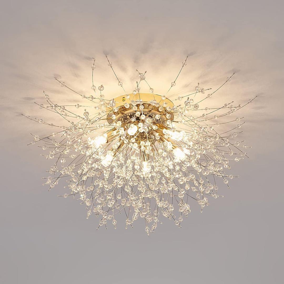 CM MZY 6-Light Sputnik Flush Mount Ceiling Light Fixture, Modern Gold Crystal Firework Ceiling Lights, Close to Ceiling Lamp for Bedroom Kitchen Hallway Entryway Bathroom, Gold