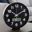 zyzamay 12 Inch Modern Black Indoor/Outdoor Wall Clock with LCD Display Thermometer & Week & Date, Silent Accurate Timekeeping, Large White Numbers in Black Dial