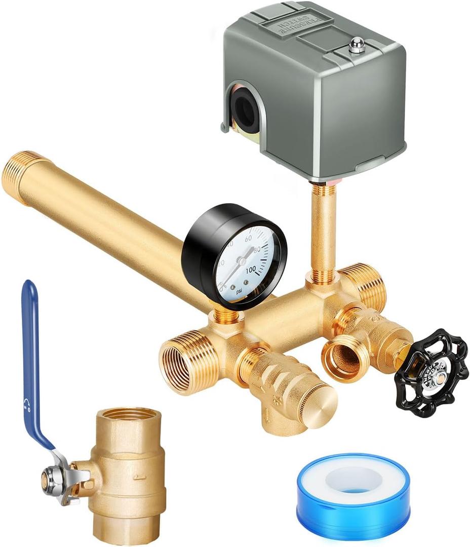 Miumoon 1"x 11"Well Pressure Tank Tee Kit with 40-60Psi Pressure Switch, Ball Valve, 100 Psi Pressure Gauge, Relief Valve, Drain Valve, Well Tank Tee Kit for Pressure Tank with Diameters Up to 16"