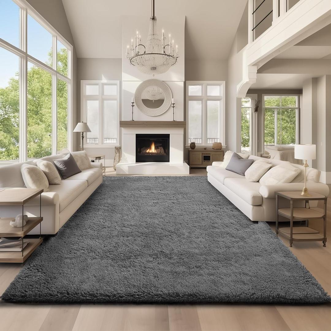Ophanie Area Rugs 9x12 Living Room, Large Grey Bedroom Carpet, Big Shag Indoor Thick Soft Nursery Rug, Gray Fluffy Carpets for Boy and Girls Room Dorm Home Decor Aesthetic