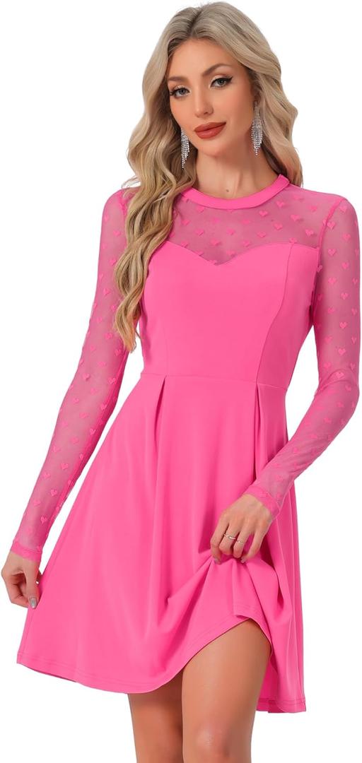 Allegra K Women's Heart Mesh Sheer Long Sleeve Gothic Cocktail Wedding Guest Skater Party Short Dress, Medium 