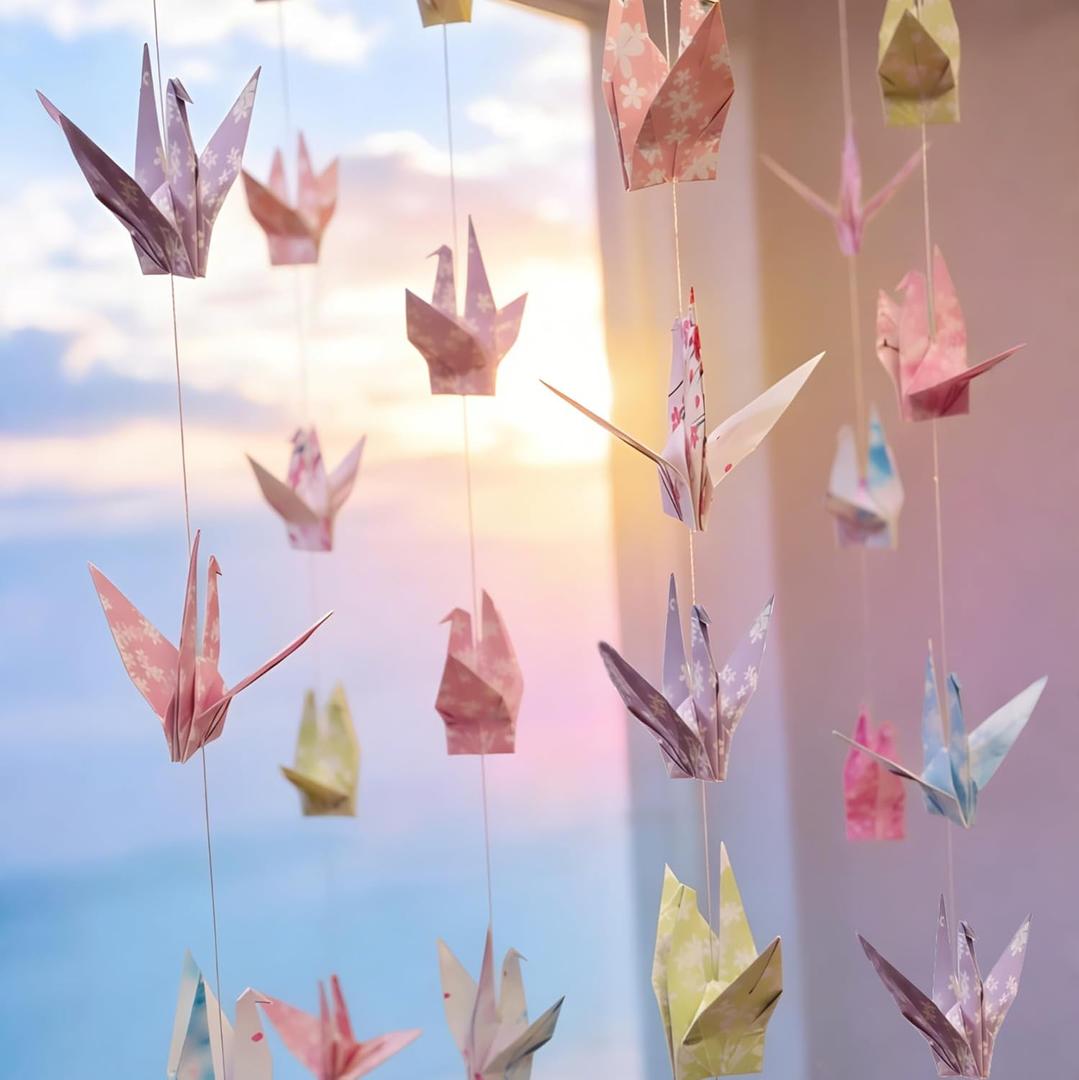 Pink Cherry Blossom Crane Paper Hanging Garland(3stringsX 5.2ft), Japanese Origami Bird Streamers, Sakura Flower for Bridal Shower, Baby Shower Birthday Party Supplies. Garden Ceiling Decor