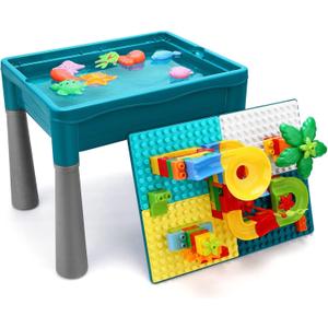 Double Sided Kids Activity Table with Storage, All-in-1 Multi Activity Table, 105pcs Marble Run Building Blocks Compatible with Classic Bricks, Craft Play Sand Water Table for Toddler
