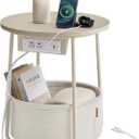 VASAGLE Side Table with Charging Station, Round End Table With Fabric Basket, Nightstand with Power Outlets USB Ports, for Living Room, Bedroom, Modern, Forest Green and Cream White ULET228C04