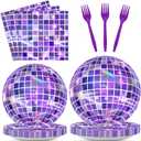 100Pcs Disco Purple Party Decoration Kpop Disco Ball Paper Plates and Napkins Purple Disposable Tableware for Kpop Music Birthday Baby Shower Wedding Bachelorette Party Supplies Serve 25