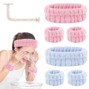 Face Wash Set - Headband, Absorbent Microfiber Wristbands with Holder for Washing Face, Spa Wrist Scrunchies (2 Sets, Blue and Pink)