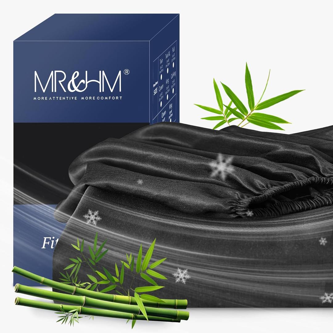 MR&HM Queen Fitted Sheet Only, Ultra-Soft Rayon Derived from Bamboo & Polyester Blend, Silky & Breathable, 15" Deep Pocket with Elastic Straps, Cooling Fitted Sheet for Hot Sleepers, Black