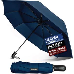 Vented Travel Umbrella | Strong Compact Windproof Umbrella | Deep Dome Coverage | Auto Open/Close | Portable Pop Up with Large Coverage | Fits Car & Backpack (Blue)