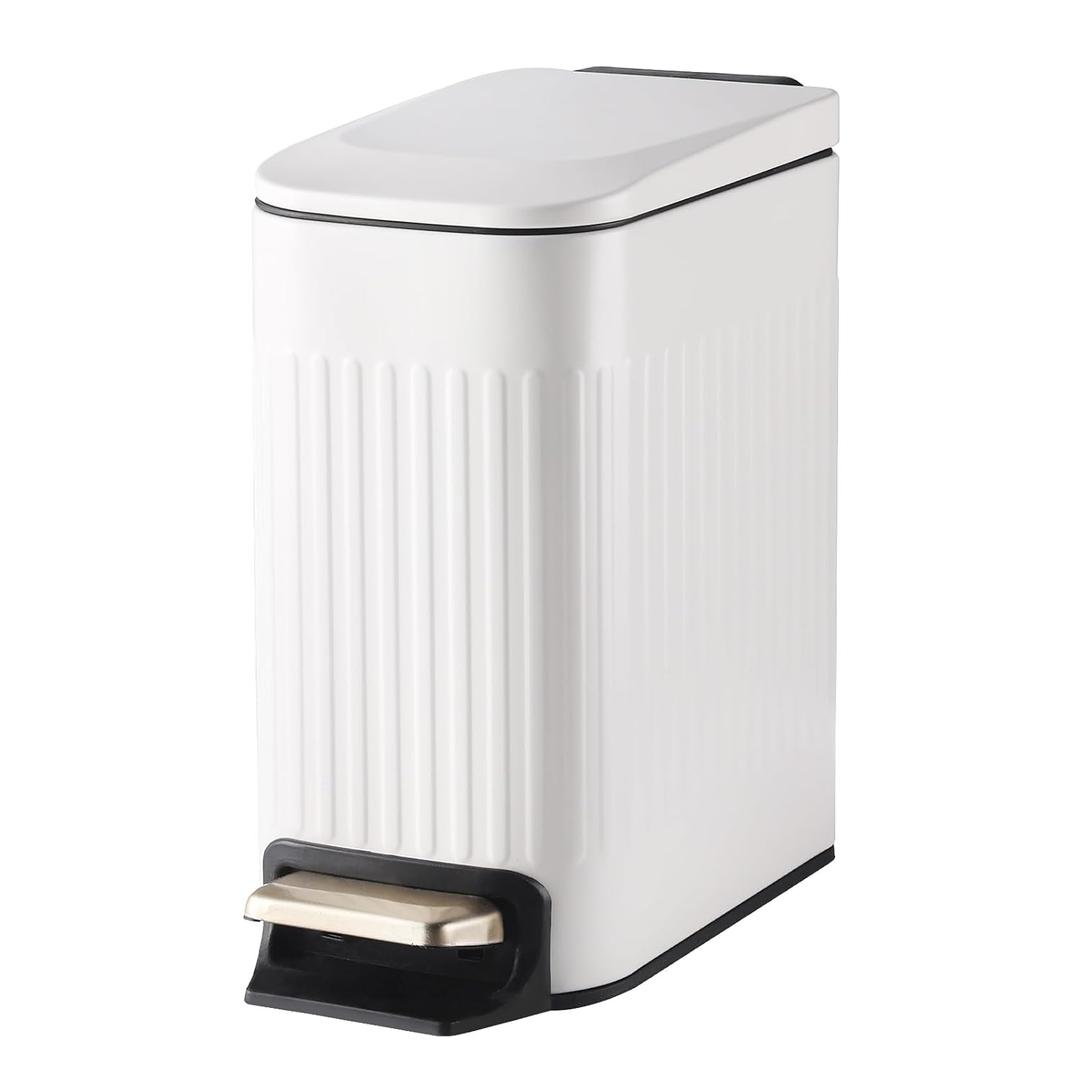 Slim Bathroom Trash Can with Lid Soft Close, Stainless Steel Garbage Can Step Trash Bin with Removable Inner Bucket for Bedroom, Office, Kitchen (Matt White, 1.8 Gallons)