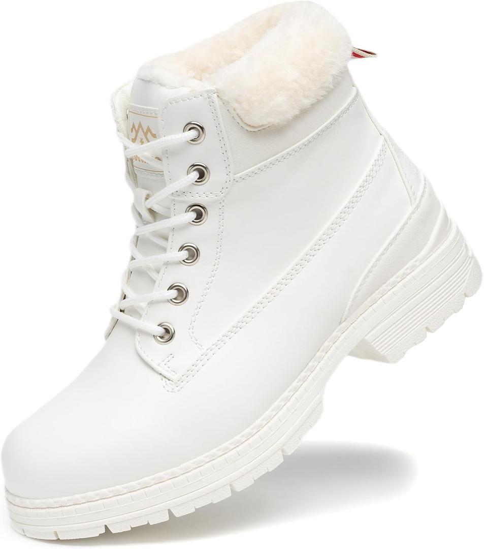 COTTIMO Snow Hiking Winter Boots for Women - Casual Brown Combat Work Boot - Non-slip Fur-Lined Ankle Boots - Fashion Boots Waterproof Leather Shoes (6.5, 19winter White)