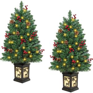 2PCS 3FT Christmas Tree with Lights Small Artificial Christmas Tree PVC Pre-lit Christmas with 78 Warm LED Tree Red Berries Pine Cone Tree for Party Indoor Outdoor Holiday Home Decoration
