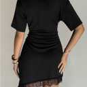 SHENHE Women's Lace T Shirt Dress Asymmetrical Cinched Waist Mini Dresses (Black, M)