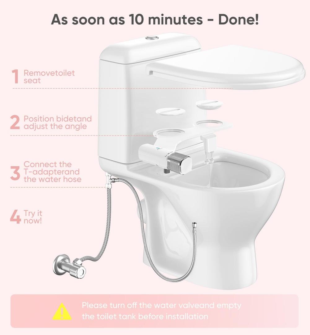 Pocaland Ultra-Slim Bidet, Stainless Steel Inlet (White)