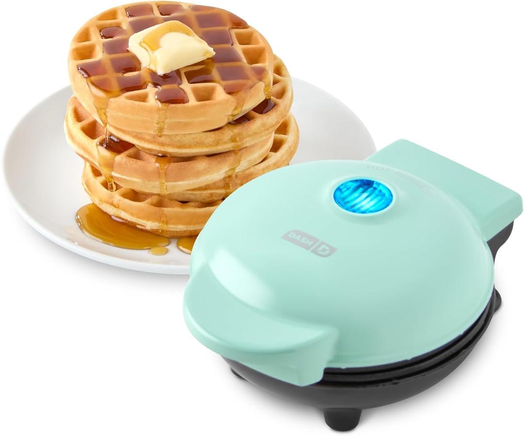 DASH Mini Waffle Maker - 4 Waffle Mold, Nonstick Waffle Iron with Quick Heat-Up, PTFE Nonstick Surface - Perfect Mini Waffle Maker for Kids and Families, Just Add Batter (Aqua)