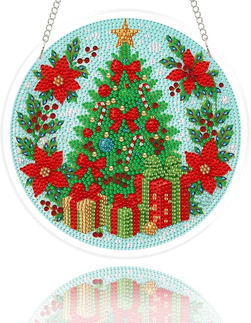 Eiflow Glass Diamond Art Hanging Kit for Adults Christmas Tree, DIY Stained Glass Diamonds Painting Window Hanging Board Kit, Special Crystal Diamond Art Painting Pendant Ornament Full Drill