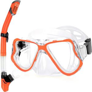 Greatever Dry Snorkel Set,Panoramic Wide View Anti-Fog Scuba Diving Mask,Professional Snorkeling Gear for Adults Kids (Small, Tomato Red)