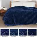 Exclusivo Mezcla Queen Size Flannel Fleece Blanket, Super Soft Striped Jacquard Bed Blanket, Lightweight Fuzzy Cozy for All Seasons, 90x90 Inches, Navy Blue